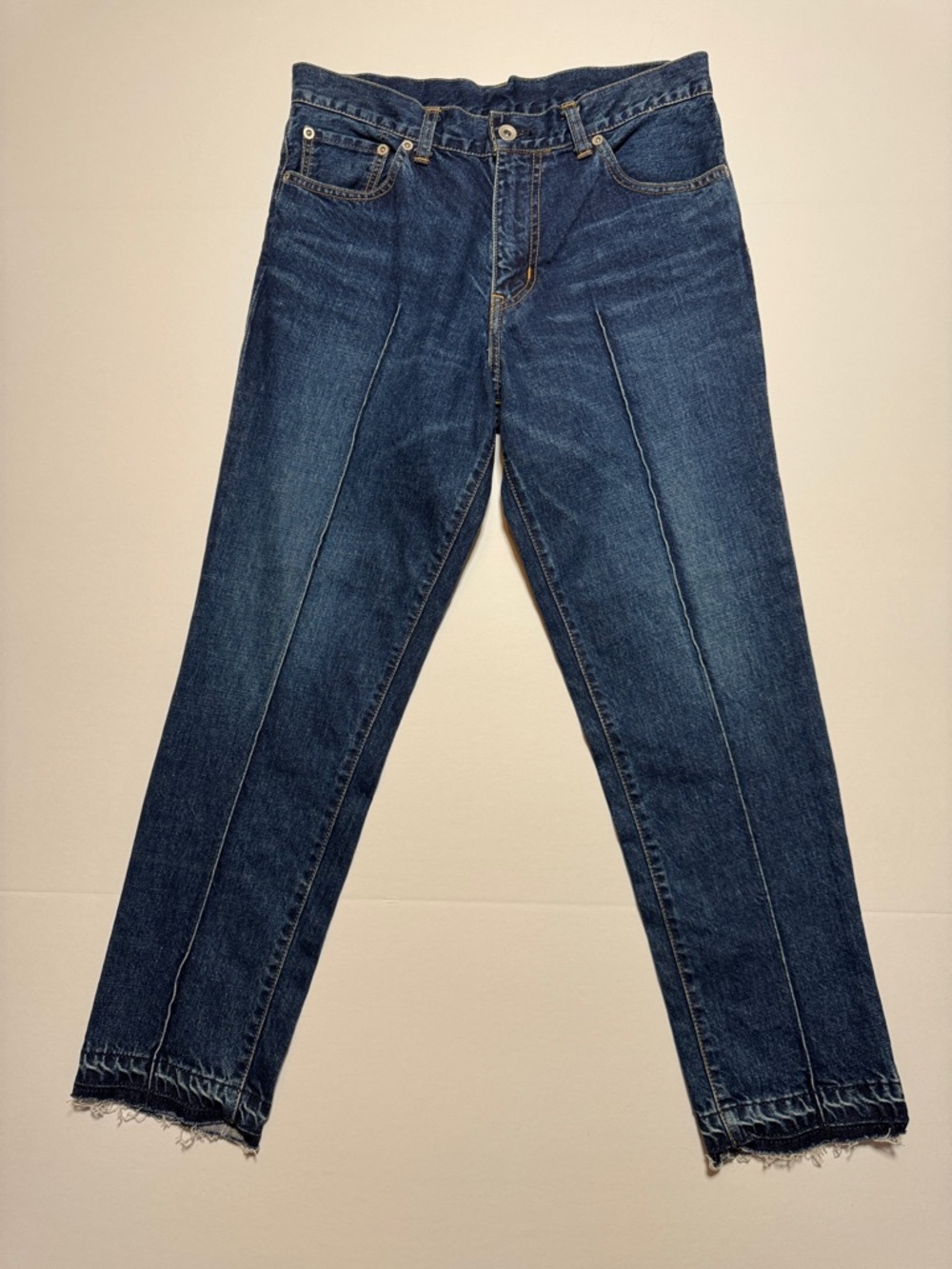 SACAI Raw Hem 100% Cotton Made in Japan Dark Blue Denim Jeans Front Seam 2